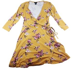 Justify Floral Wrap Dress, Long Sleeve, V-Neck,‎ Mustard Yellow, Bohemian, Large